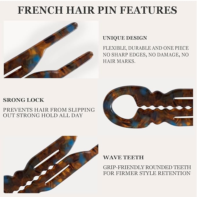 Sunolga 4pcs Prestige French Hair Pins for Women, 4.38" Large, Serrated Anti-Slip Design, Curved Shape for Better Head Fit, Coquette Elegant Hair Accessories for Updos, Chignon, Bun Hairstyles