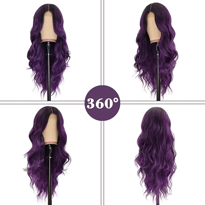 NAYOO Long Ombre Purple Wavy Wig for Women 26 Inch Middle Part Curly Wavy Wig Natural Looking Synthetic Heat Resistant Fiber for Daily Party (Ombre Purple)