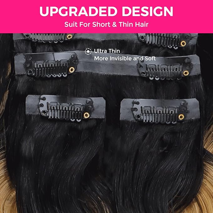 Lashey Clip in Hair Extensions Ombre Natural Black to Honey Blonde Seamless Clip in Hair Extensions Human Hair 22 Inch Body Wave 110g 7pcs Human Hair Extensions