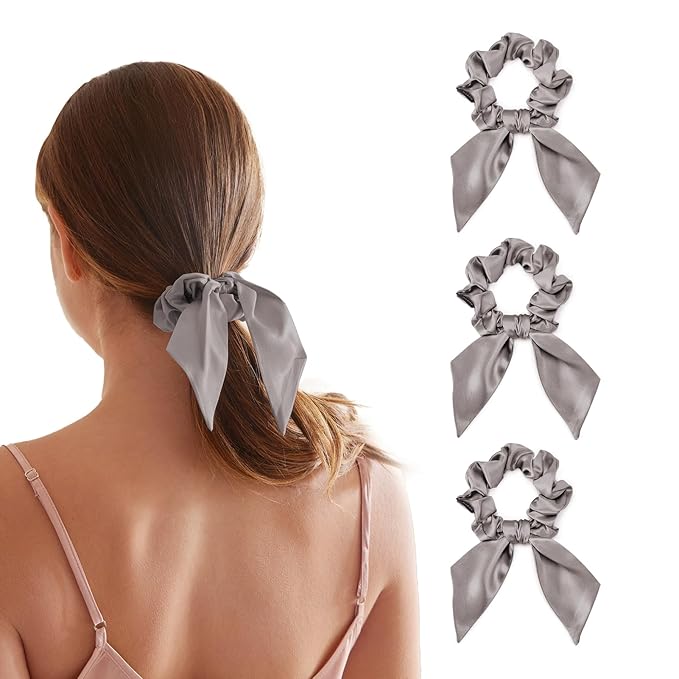 THXSILK 100% Mulberry Silk Bow Scrunchies 3-Pack, 22 Momme Mulberry Silk Hair Ties for Women, Cute Bunny Ear No Damage Ponytail Holders, Fashion Hair Accessories for Girls(M, Grey)