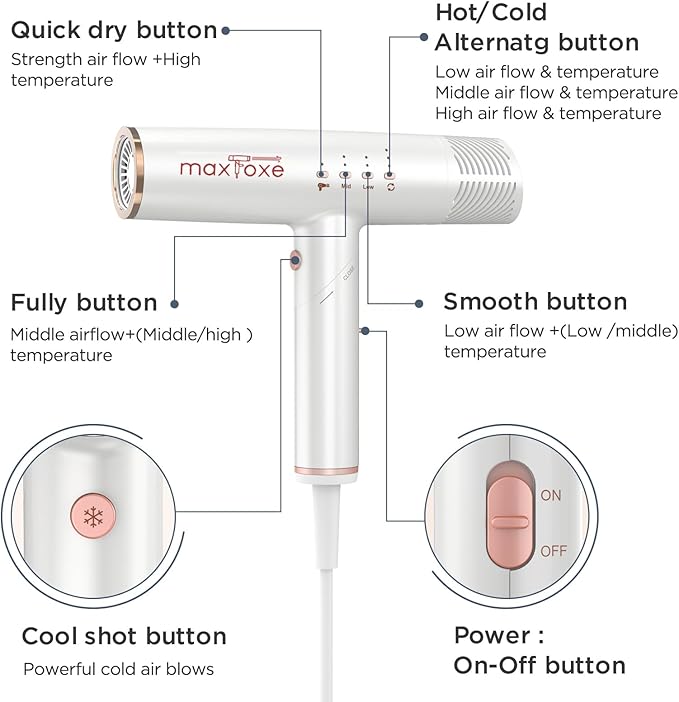 High Speed Hair Dryer, Travel Blow Dryer Foldable Ionic Small Professional Brushless Motor 9 Modes Portable One Touch Switch with Concentrator Nozzle Attachment for Home, Hotel, Salon