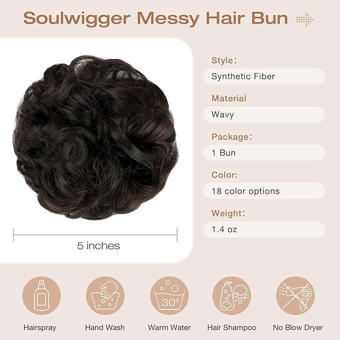 Messy Bun Hair Piece Wavy Curly Scrunchies Fluffy Donut Thick Updo Elegant Chignon Hairpieces for Women Girls, Dark Brown 1.4oz