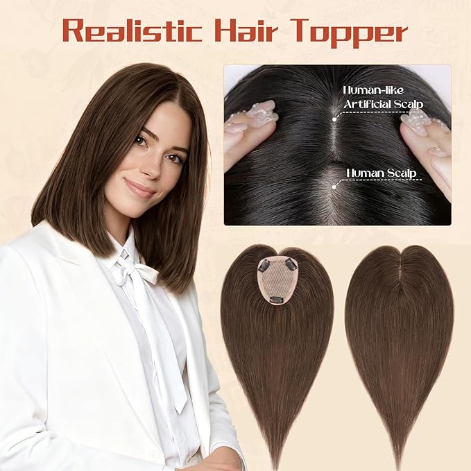 Rich Choices Human Hair Toppers for Women-100% Real Remy Hair Topper No Bang-Upgraded 150% Density 9 * 12CM Lace Base-Clip in Hairs Topper for Thinning Hairs-10Inch #2R Chocolate Brown
