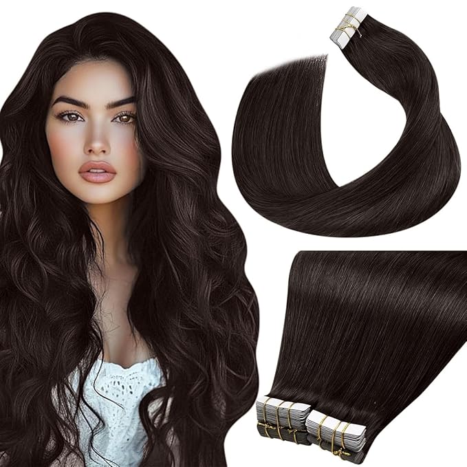 LaaVoo Tape in Hair Extensions Darkest Brown Tape on Extensions Invisible Tape in Hair Extensions Human Hair Soft Straight Hair 18Inch 40pcs 100g