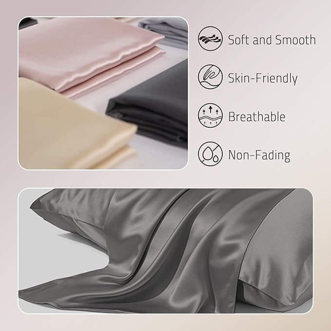 Mulberry Silk Pillow Cases Set of 2, Both Sides Real Silk Pillow Cover for Hair and Skin Cool Pillowcase Organic Silk Pillowcase 2 Pack with Hidden Zipper, Grey, Queen (20"×30")