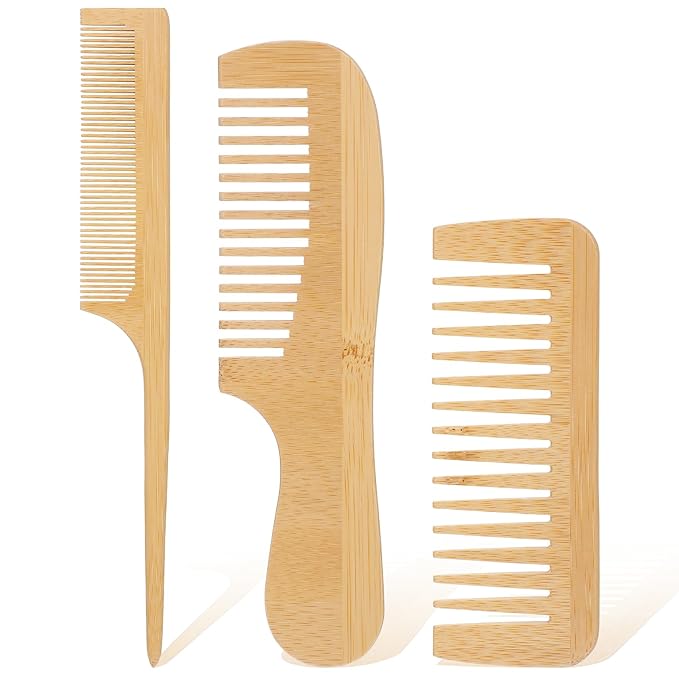3 Pcs Bamboo Comb for Hair Growth, Natural Handmade Bamboo Anti-Static Combs Set - Wide Tooth, Rat Tail & Fine Tooth, Natural Nan Zhu Bamboos Wooden Combs for Hair & Beard, Travel Friendly