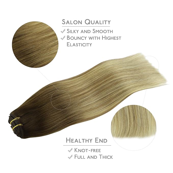 WENNALIFE Clip in Hair Extensions, 150g 20 Inch 9pcs Ombre Walnut Brown to Ash Brown and Bleach Blonde Human Hair Extensions Thicker Clip in Hair Extensions Real Human Hair Clip Set Double Weft
