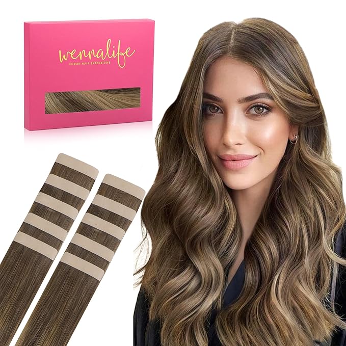 WENNALIFE Tape in Hair Extensions Human Hair Balayage Chocolate Brown to Caramel Blonde Tape in Extensions, 10pcs 20g 10 inch Remy Invisible Tape Ins Straight Soft Real Human Hair Tape in Extensions