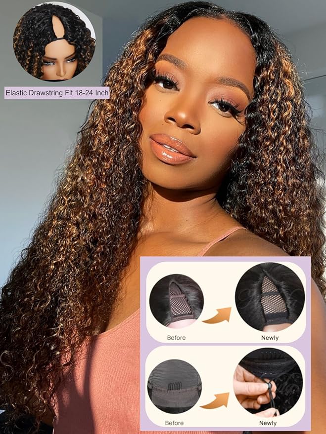 YIROO EasiContour V Part Wigs Ombre Brown Glueless Human Hair Upgrade U Part Wig with Dark Roots Highlight V Shape Clip Wigs Beginner Friendly with Drawstring Ready to Wear Chestnut Brown Color 26Inch