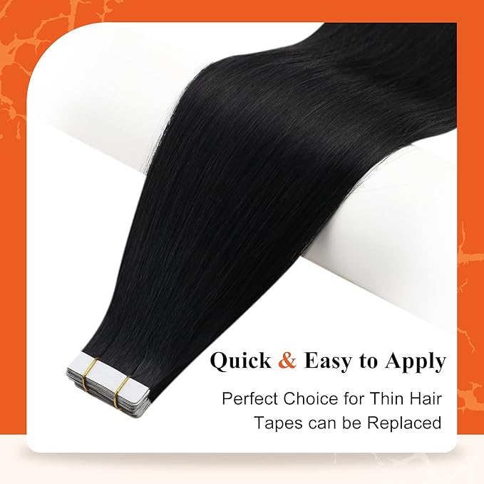 Full Shine Invisible Tape in Hair Extensions Human Hair 12 Inch Color Jet Black Invisible Tape Ins Human Hair Extensions 20Pcs 30Grams Double Sided Tape in Hair Extensions for Wedding