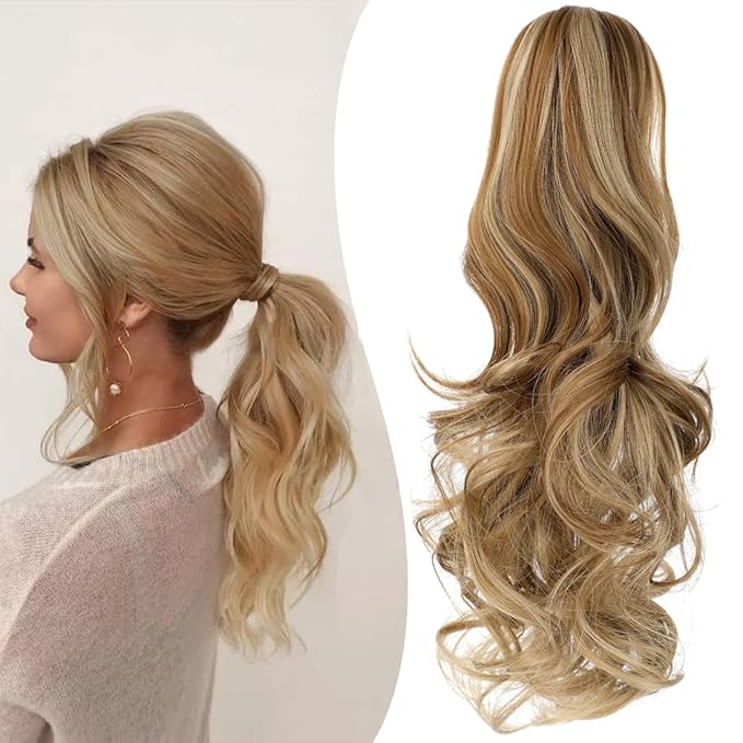 Claw Clip Ponytail Extension 18" Clip in Wavy Ponytail Hair Extensions Long Pony Tails for Women Extensions Ash Blonde Mix Ginger Brown Wave Hairpiece