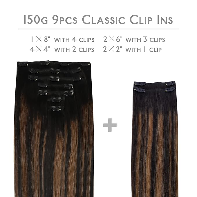 WENNALIFE Clip in Hair Extensions, 150g 14 Inch 9pcs Balayage Natural Black to Chestnut Brown Remy Hair Thicker Double Weft Extensiones De Cabello Humano Con Clip Ins Straight Full Volume