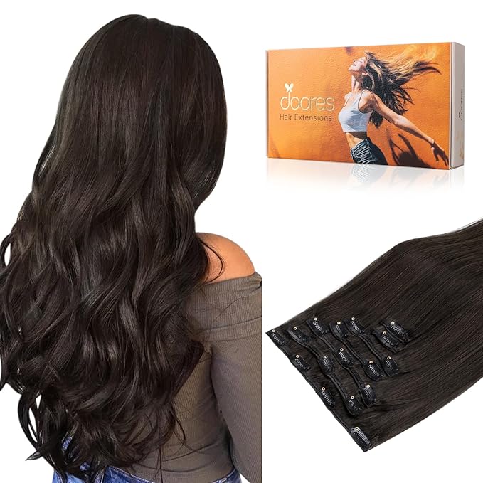 DOORES Human Hair Extensions Clip in Dark Brown 120g 7pcs 22 Inch Clip in Human Hair Extensions Real Natural Hair Straight