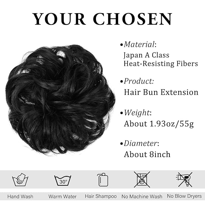 CJL HAIR Large Messy Bun Hair Piece Wavy Curly Scrunchies Synthetic Chignon Ponytail Hair Extensions Thick Updo Hairpieces for Women Jet Black