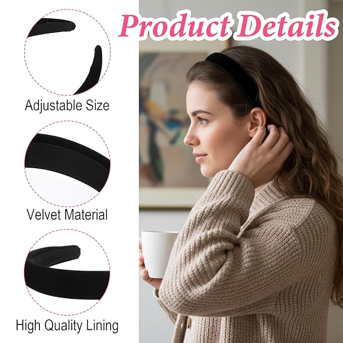 Black Velvet Headbands for Women,3 Pcs Headbands for Women Non Slip 3 Different Width,Elastic Hair Bands Fashion Accessories