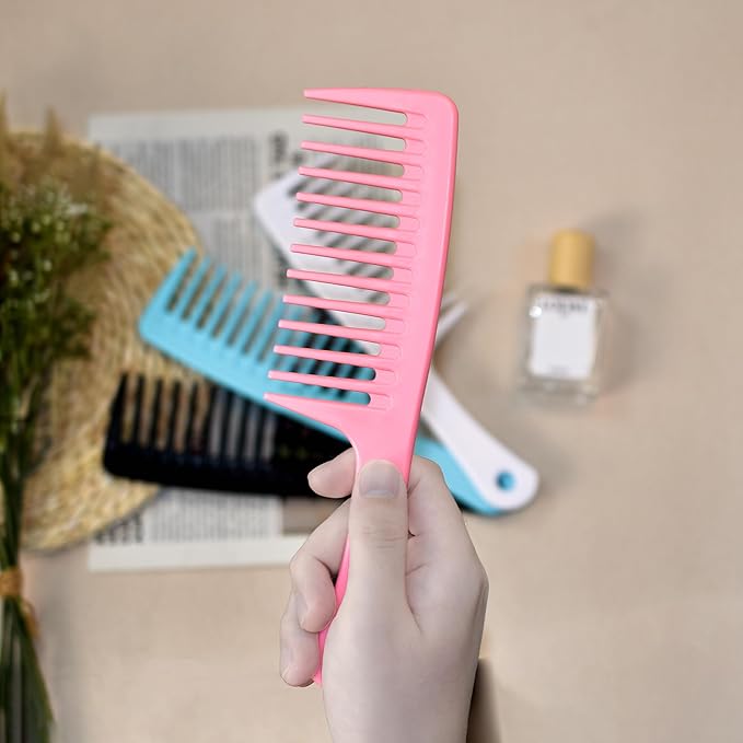 MODENGKONGJIAN 4PCS Wide Tooth Comb, Large Hair Detangling Comb Styling Comb for Curly, Wet, Long Hair with Handgrip (Black & Pink)
