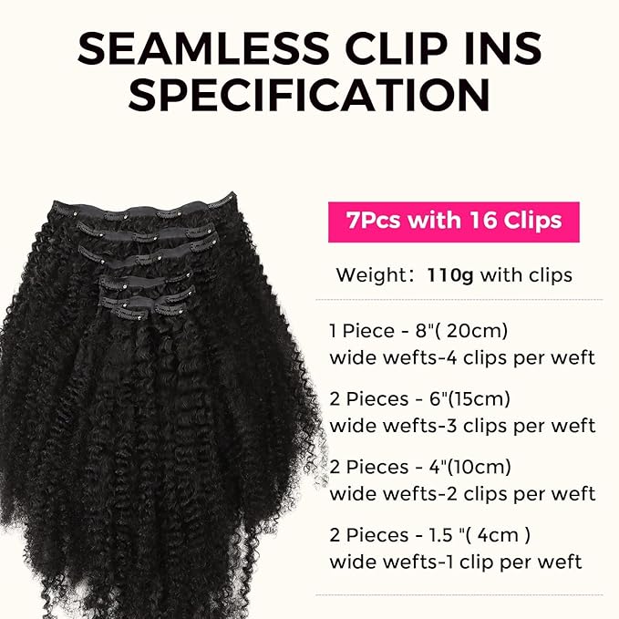 Lashey Seamless Clip in Hair Extensions Human Hair 110g 7pcs Afro Kinky Curly Human Hair Clip in Extensions 24 Inch Natural Black Hair Extensions Real Human Hair