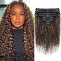 FB30 Highlight Ombre Curly Clip In Extension Human Hair 3C 4A Kinky Curly Clip Ins Full Head for Black Women Brazilian Remy Human Hair Balayage Brown 8Pcs with18clips 120g/Set (20 inch)