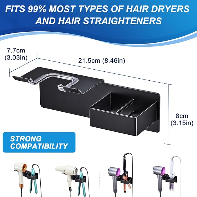 Hair Dryer Holder Wall Mounted, Hair Straightener Holder Metal, Adhesive Blow Dryer and Hair Straightener Holder, Bathroom Bedroom Hair Tool Organizer for Flat Iron,Curling Iron,Hairdryer