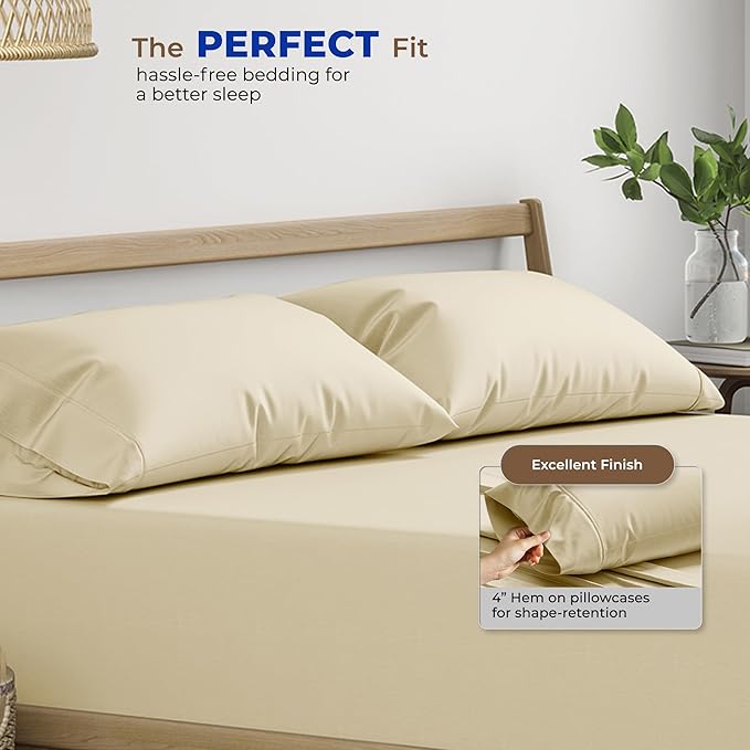 THREAD SPREAD 100% Egyptian Cotton Pillow Cases - 1000 Thread Count Queen/Standard Size Set of 2, Soft & Breathable Extra Long Staple Sateen Weave Cotton Pillow Covers for Bed - Sand