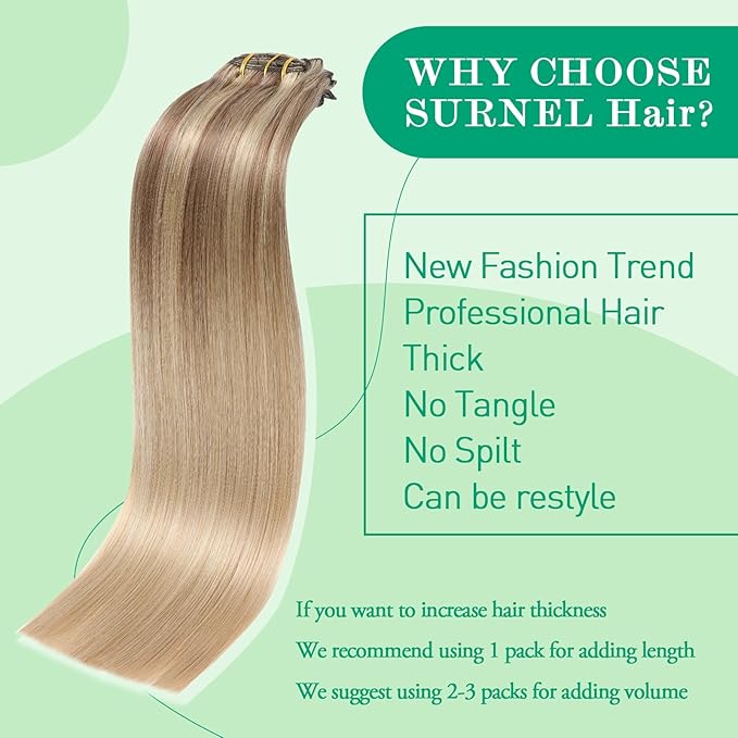 SURNEL Clip in Hair Extensions Real Human Hair Balayage Golden Brown to Caramel Blond Remy Hair Extensions Clip Ins 14 Inch 140g(7pcs #10/27/27-14")