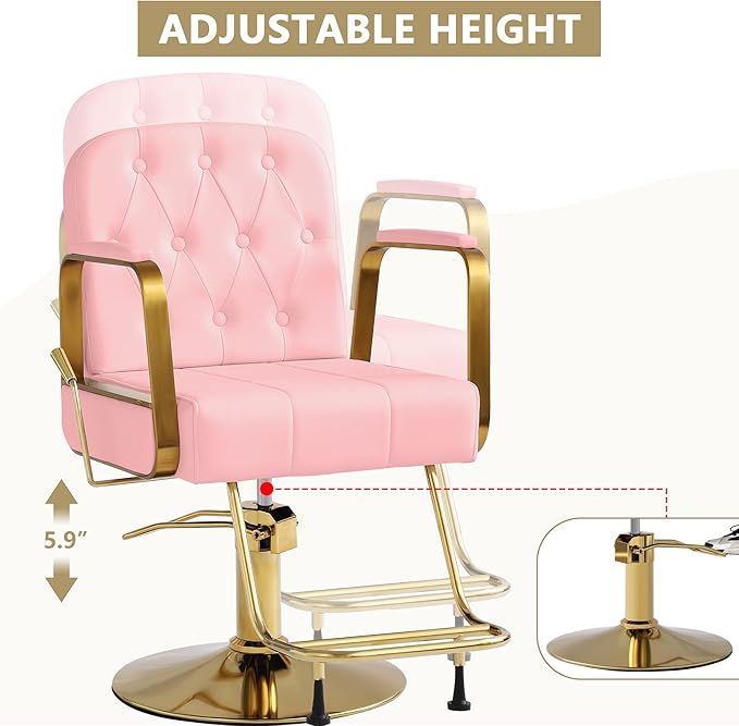 KIGOTY Salon Barber Chair, Reclining Salon Chair for Hair Stylist, Adjustable Hair Salons Tattoo Braiding Hairdresser Chair, 360 Swivel Stylist Chairs for Barbershop (Pink)