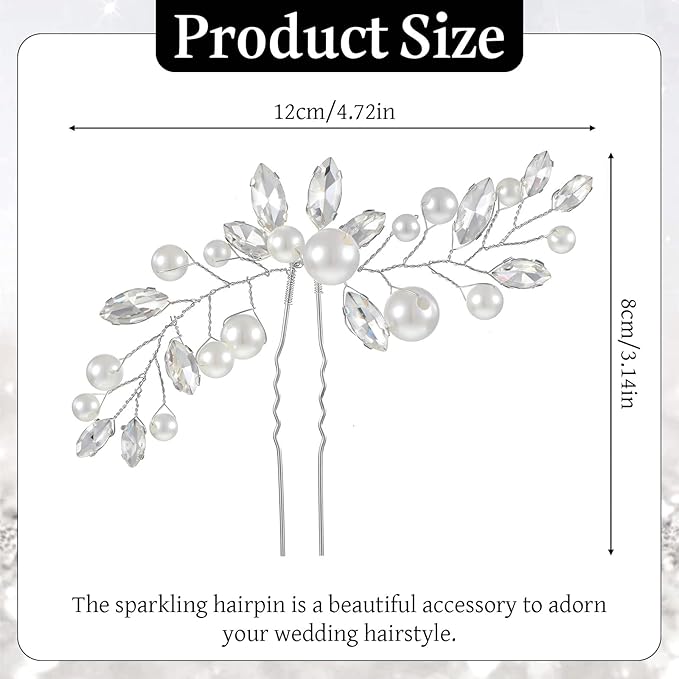 Wedding Pearl Hair Pin 12 x 8 cm Silver Leaf Bridal Hair Clips Accessories with Rhinestones and Flowers for Women