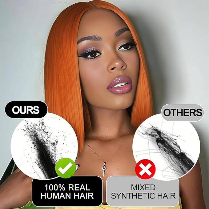 250% Density Ginger Bob Wig Human Hair Real 13x4 Frontal Orange Ginger HD Lace Short Straight Bob Wigs Pre Plucked with Baby Hair Straight Short Wigs For Women 10 Inch