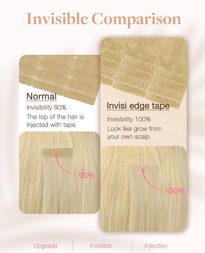 GOO GOO Invisi Edge Tape in Hair Extensions Human Hair, 18AT60A Pearl Ash Blonde Highlights10pcs injected with 10pcs classical tape ins, 24inch 50g, Virgin Remy Hair, Natural Look