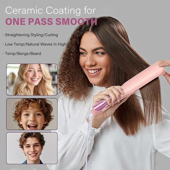 Hair Straightener, 1.25” Flat Iron and Curler 2 in 1, Ceramic Coating, Quick Heat Up, 4 Temp. Options, for All Hair Type, Less Frizz, Shinier and Smoother, Dual Voltage for Travel (Pink)