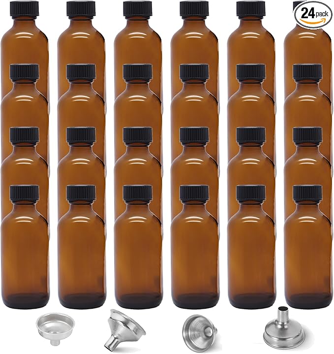 24 Pack 2oz Amber Glass Bottles for Vanilla Extract, Boston Round Leak-Proof Brown Glass Jars with Caps, Bonus Funnel - Ideal for Homemade Extracts, Essential Oils, DIY Christmas Party Gift Supplies