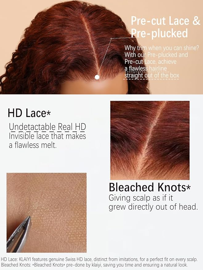 KLAIYI Bye Bye Knots Glueless Wig Reddish Brown Body Wave 7x5 Pre Cut HD Lace Front Wigs Human Hair Put On And Go Wig Pre Bleached Pre Plucked with Baby Hair 30S Ready To Wear 150% Density Full 22Inch