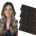 COOKAYU Invisi Edge Tape in Hair Extensions Real Human Hair Seamless Injected Tape Ins 14Inch 20pcs 30g Natural Black to Medium Brown and Caramel blonde Extensions