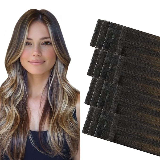 COOKAYU Invisi Edge Tape in Hair Extensions Real Human Hair Seamless Injected Tape Ins 16Inch 20pcs 35g Natural Black to Medium Brown and Caramel blonde Extensions