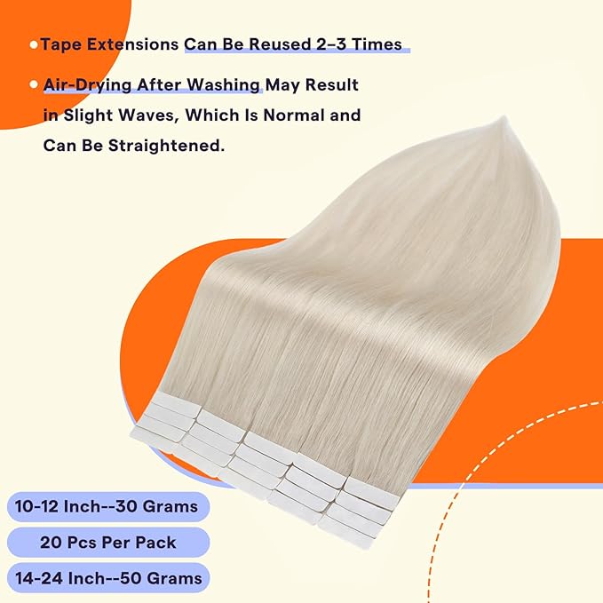 Full Shine Tape in Extensions Human Hair Color 1000 Blonde Remy Human Hair Extensions Tape Ins 20 Inch Invisible Seamless Tape in Hair Extensions 50g 20PCS Add Length