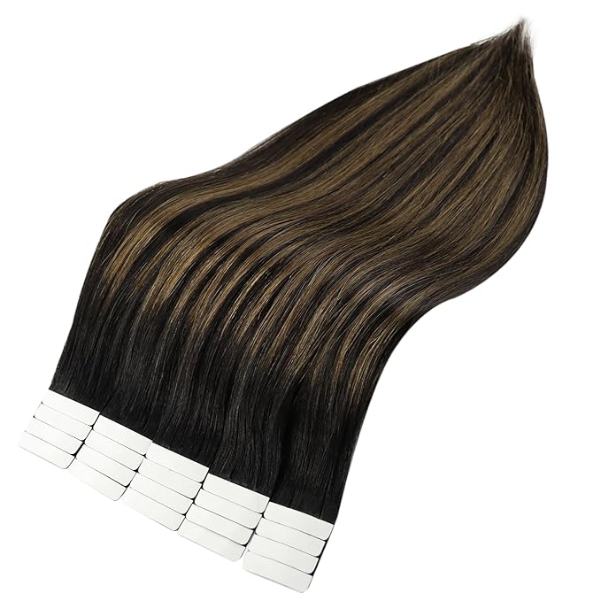 Full Shine Tape in Hair Extensions 1B Balck Fading to 6 Brown and 1B Black Straight Hair Extensions Tape in Human Hair Seamless Skin Weft 20 Pcs 50 Gram Invisible 16 Inch for Wedding