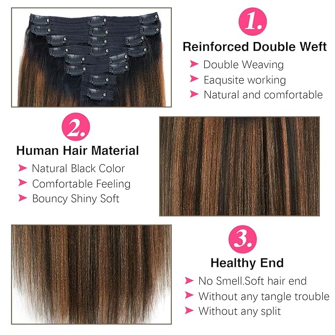 Yaki Straight Clip ins Real Human Hair Extensions For Women Highlight Hair Extensions Yaki Straight Clip in Hair Extensions(14inch,T1BP1B/30)