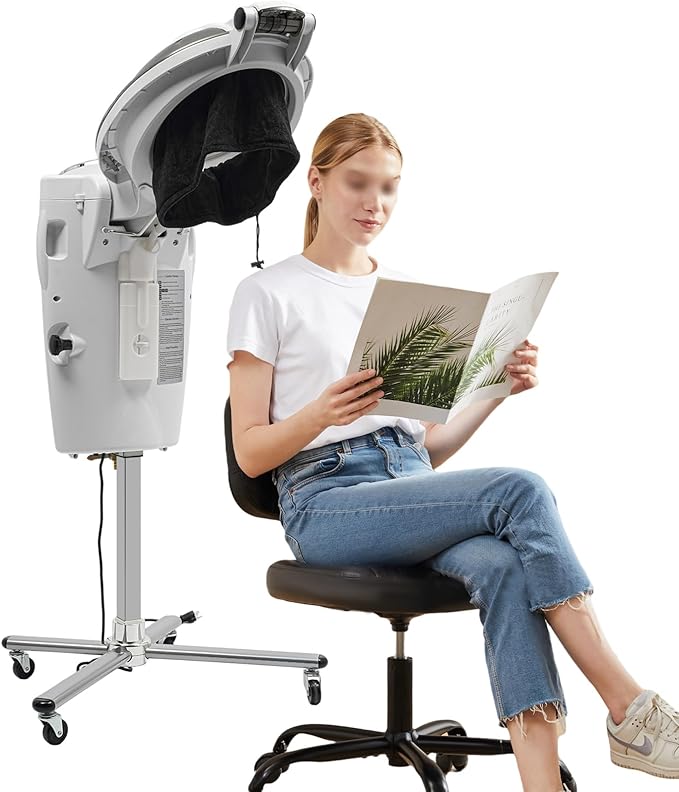 Professional Standing Hair Steamer for Salon & Home, 700W Ozone Steam Therapy with Light Scalp Care, Adjustable Height Hooded Dryer with 12 Light, Auto Shut-Off (White)