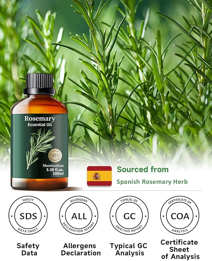 Rosemary Essential Oil Pure, Mumianhua Natural Oil for Hair Growth & Scalp Revitalization, Supports Stronger Hair, Reduces Dullness, for Diffuser & DIY Hair Care, 3.38 Fl Oz