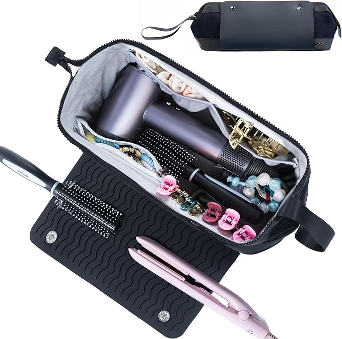 2IN1 Hair Tools Travel Bag with Heat Resistant Mat for Flat Irons, Straighteners, Curling Iron, and Haircare Accessories,Compatible with Revlon One Step Hair Dryer,Revlon Volumizer Hair Dryer Brush