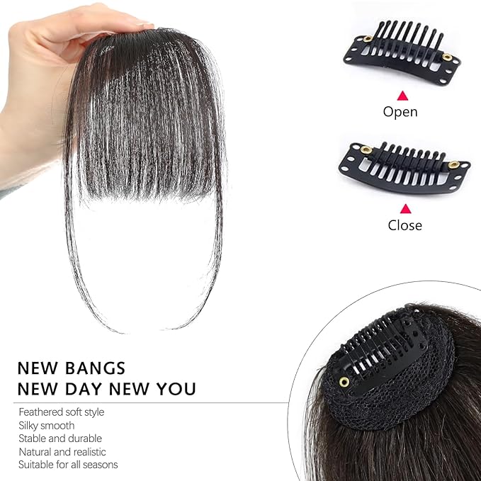 Clip In Bangs-Real Human Hair Bangs Brown Black Clip On Bangs Hair Extensions Fake Bangs Human Hair Wispy Bangs Hair Clip Fringe With Temples Hairpieces Curved Bangs For Daily Wear