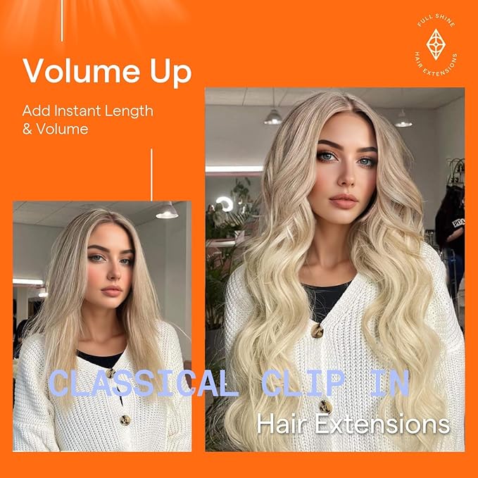 Full Shine Blonde Clip in Extensions Real Human Hair Remy Clip in Hair Extensions Human Hair Nordic Ash Blonde to Platinum Human Hair Extensions 7 Pcs 14 Inch 120 G