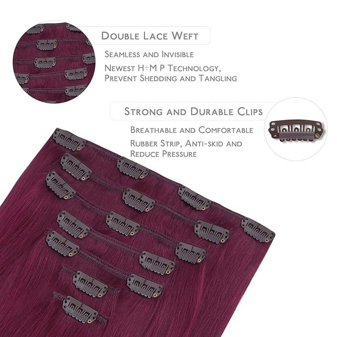 WENNALIFE Clip in Hair Extensions Real Human Hair, 14 Inch 120g 7pcs Human Hair Extensions Clip In Human Hair, Light Burgundy Hair Extensions Clip In Real Hair Coloured Remy Human Hair Extensions