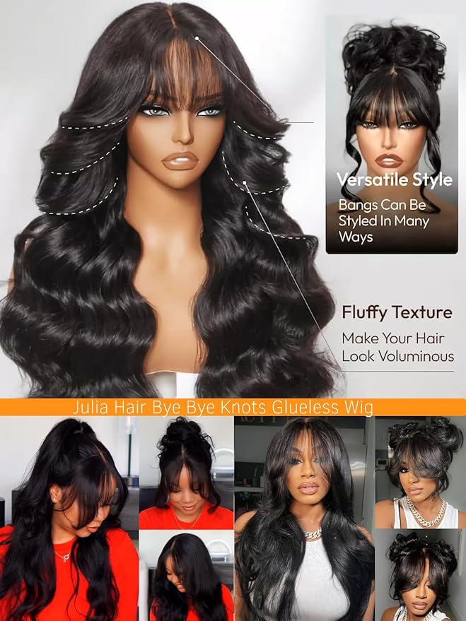 Julia Hair Bye Bye Knots Curtain Bangs Wig Glueless Fluffy Natural Loose Wave Pre Cut 7x5 HD Lace Front Wigs Invisible Pre Plucked Pre Everything Body Wave Put on and Go Wig for Women 26 Inch