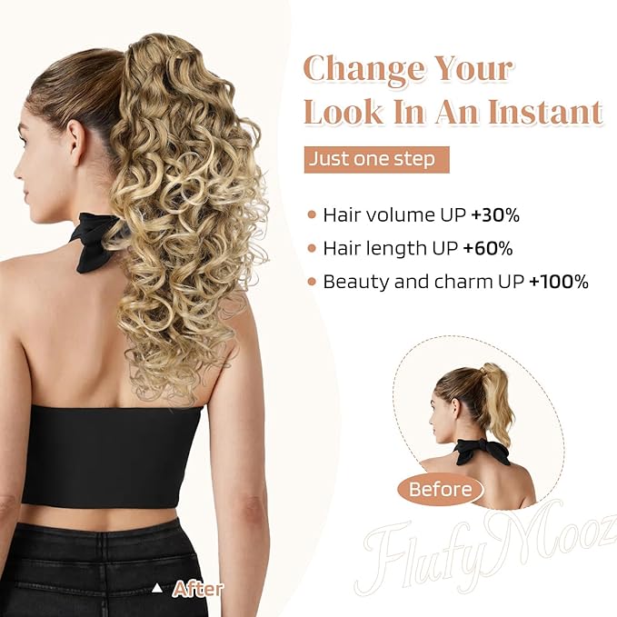 Flufymooz 100％ Pure Protein Ponytail Extension, 18 Inch Curly Claw Clip Ponytail Hair Extensions Natural Soft pony tail hairpiece for women-Deep Blonde with Ash Blonde Highlights