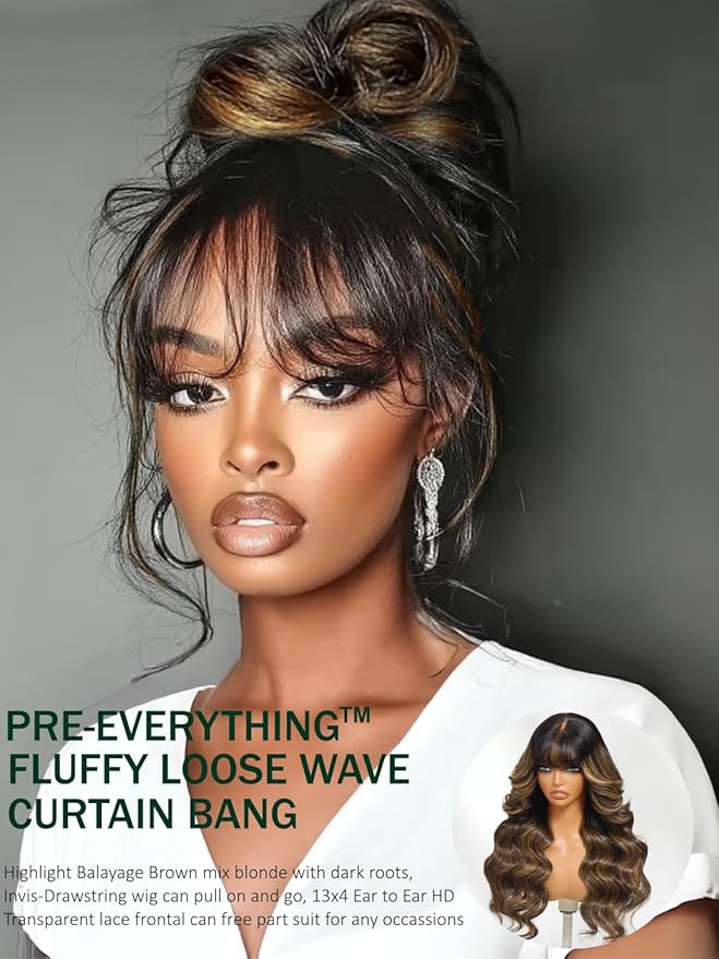 KLAIYI Ombre Brown Loose Body Wave Pre Everything Glueless 13x4 HD Lace Front Human Hair Wig with Natural Bang Highlight Balayage Brown Precut Lace Pre Plucked Bye Bye Knots Drawstring Wig 180% 18Inch