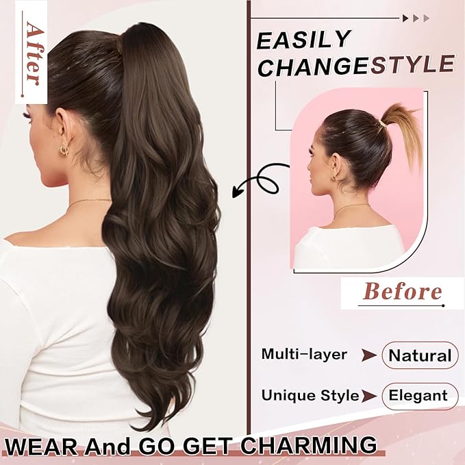 Brown Ponytail Extension, Drawstring Ponytail Extension for Women Long Brown Wavy Layered Pony Tails Hair Extensions 26 Inch Synthetic Clip in Ponytail Hairpiece for Women(Medium Brown)