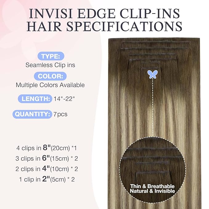 DOORES Invisi Edge Clip in Hair Extensions 18 inch 130g 7pcs, Virgin Real Human Hair PU Clip in Extension Invisible Seamless Thickening Hairstyle, 3/8/613 Walnut Brown to Ash Brown and Bleach Blonde