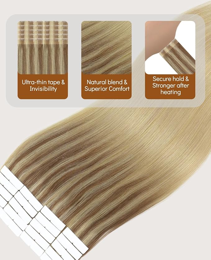 VINBAO Invisi Edge Tape in Extensions Real Human Hair, Balayage Golden Brown Fading to Golden Blonde, Seamless Injection Tape in Hair Extensions 20pcs 40g 14inch #10/16/16