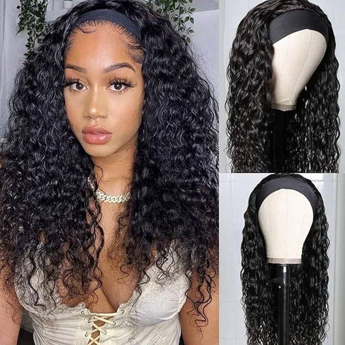 KLAIYI Headband Human Hair Wig Water Wave Curly Non Lace Front Wigs for Black Women Deep Wave Glueless Wear and Go Half Wig with Band 30S Ready to Go Beginner Friendly 180% Density Full Natural 26Inch